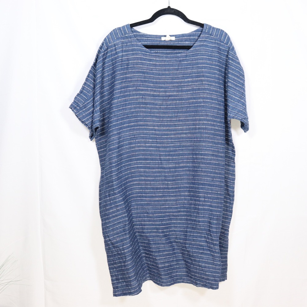 Eileen Fisher Striped Linen Dress Large Blue Womens Coastal Lagenlook Tunic